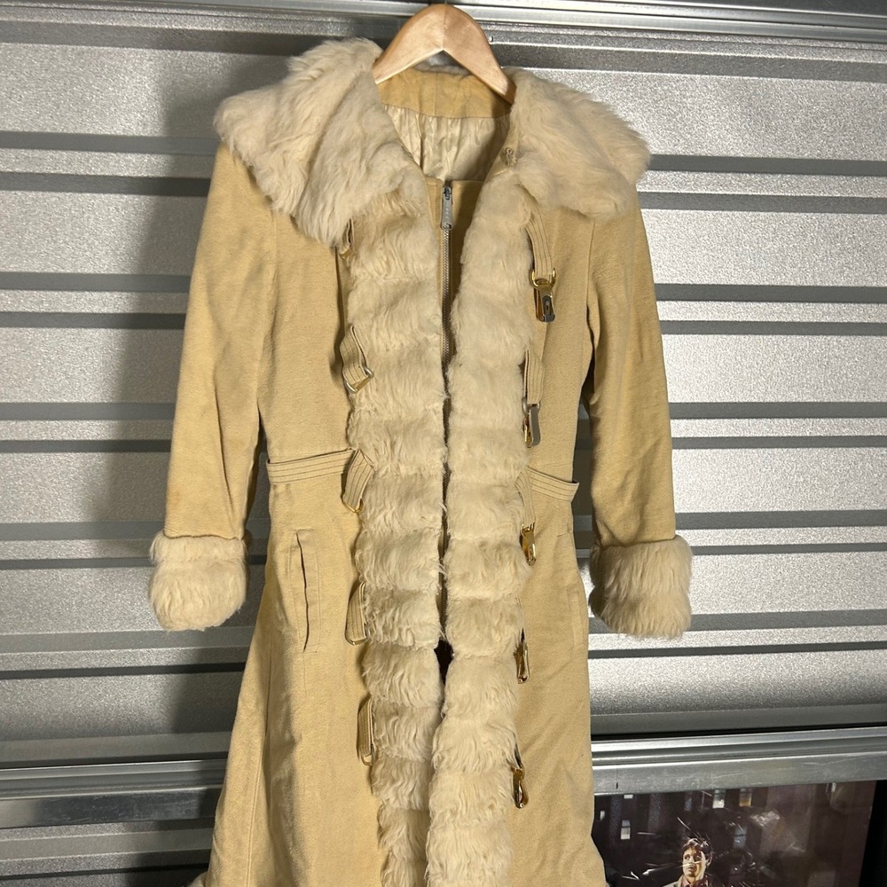 VINTAGE 60's Suede Faux Fur Trim Coat Womens Tan Penny Lane Boho Posh Aesthetic